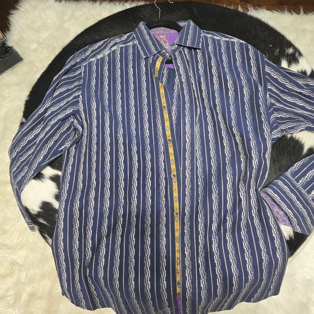 Robert Graham Designer Men's Blue silver  Striped Dress Shirt 42 16.5